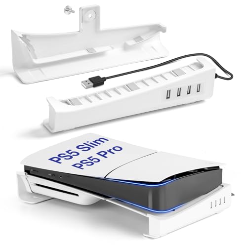 L'QECTED PS5 Pro/PS5 Slim 横置きスタンド 4つUSB拡張ハブ付 放熱改善 転倒防止 地震対策 傷付き防止 PS5 Slim スタンド PS5 Slim 水平スタンド 固定ネジ付 新型PS5ディスク & デジタル版/PS5 Pro デジタル版対応
