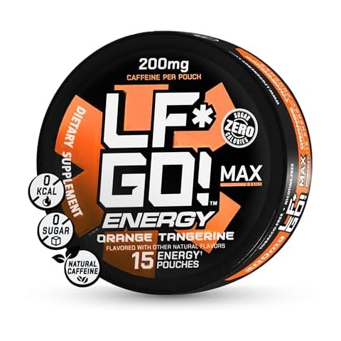 LF*GO! Energy Pouches | Caffeine Pouches | 6 Essential Vitamins and Minerals | Orange Tangerine | 200 mg Natural Caffeine | 0 Calories | 0 Sugar | 15 Pouches Per Can | 1 Can Cover