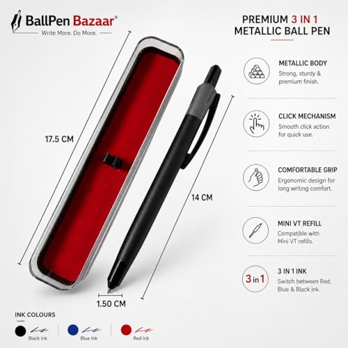 Image of Pen Paradise 3 in 1 Multi Colour Ball Pen Matte Black Metal Body with Clip | Blue, Red & Black Ink | 0.6mm Tip | Smooth Writing Click Pen for Office, Professionals & Gifting | Pack of 1