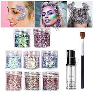 Body Glitter,8 Colors Holographic Chunky Glitter Festival Glitter Cosmetic for Body Face Nail Hair Eyes - Includes Free Fix Primer + Eyeshadow Brushes (8 Colors Set)