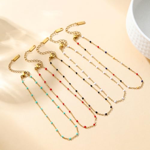 Image of 18K Gold Plated Boho Beaded Anklets for Women Dainty Gold Layered Round Ball Ankle Bracelet Pearl Cross Anklet Bracelet Waterproof Gold Jewelry