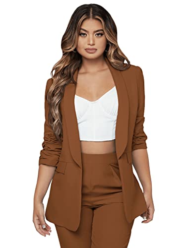 Sweatyrocks Women's 2 Piece Solid Ruched Sleeve Blazer And Pants Business Office Suit Set Coffee Brown M #TOP4