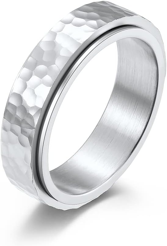 Fidget Ring for Anxiety Stainless Steel Silver/Gold Stress Relief Spinner Ring for Women Men Hammered Finish