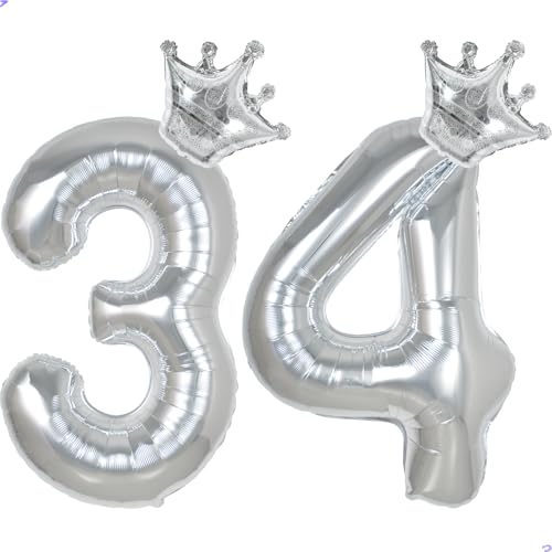 34 Balloon Numbers 40 inch Silver Number Balloon for 34th Birthday Decorations for Men Women, Giant Jumbo Foil Mylar 34 Birthday Decoration for Him Her