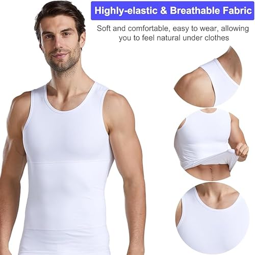 Image of Men's Compression Shirt 2-Pack Slimming Body Shaper Black Undershirt Vest Sleeveless Tummy Control Tank Top for Weight Loss Gym Workout Fitness and Everyday Wear