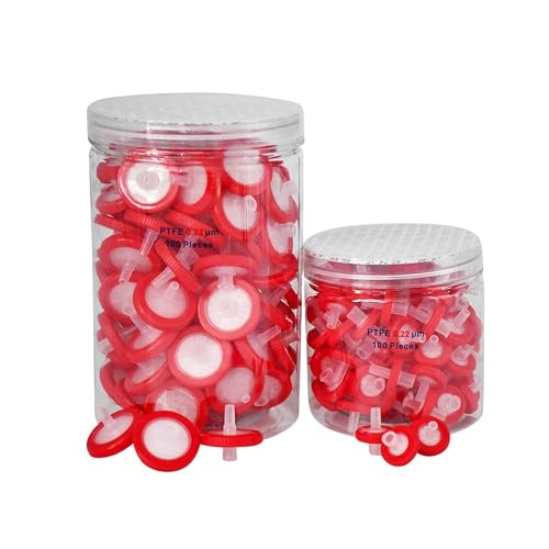 Syringe Filters Hydrophobic PTFE Membrane 100PCS, 0.22um Pore Size,13mm Disc Diameter,HPLC and GC Needle Filter, Non-Sterile, High Throughput Lab Filtration, Barreled Packed