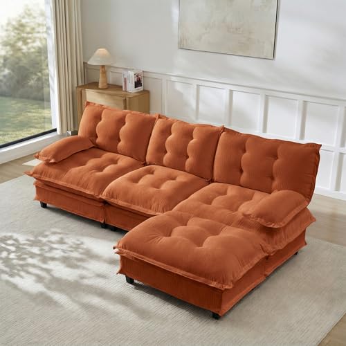 Image of 107 inch L-Shaped Sectional Couches for Living Room, Orange 3 Seater Modern Chenille Deep Seat Sofa Set, Salas para Casa, High Back Cloud Couch Modular Sectional Sets with Ottoman