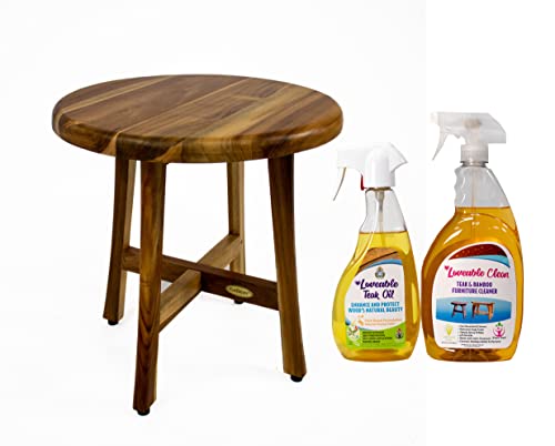 EcoDecors Shoji 18in Teak Wood Round Shower Seat or Side Table - with Lovable Teak Oil Conditioner and Teak and Bamboo Furniture Cleaner Spray Bottle
