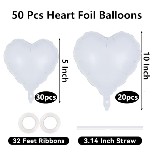 Image of 50 Pcs White Heart Balloons,5 Inch and 10 Inch Heart Foil Balloons Love Balloon Valentine Balloon for Birthday Party Wedding Engagement Party Baby Shower Valentine Day Decorations