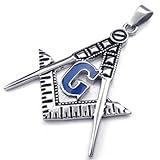 KONOV Mens Freemason Masonic Stainless Steel Pendant Necklace, Blue, 24