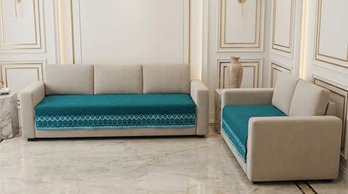 Image of KINGLY Sofa Cover for 1 Seater | Quilted Velvet Seat Cover | Anti-Slip Sofa Mat with Back Elastic | Thick Fabric Sofa Protector | Washable Couch Cover | Teal Blue