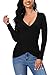 Afibi Women Deep V Neck Low Cut Long Sleeve Slim Shirt Tee Top Blouse (Large, Black)