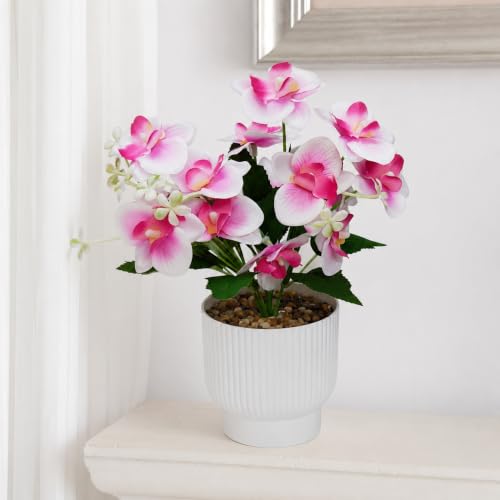 Image of CURATED CART Flower Pot with Artificial Flowers - Orchid White & Pink Flower with White Vase | Ideal for Home Decor | Office Decor | Gifting | Size 25 x 15cm