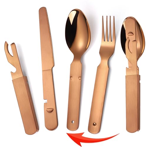 AARAINBOW Stainless Steel Portable Outdoor Flatware Set, 4 in 1 Camping Cutlery Set Travel Utensils Set with Spoon Fork Knife and Bottle Can Opener Detachable Reusable Picnic Silverware (Rose golden)