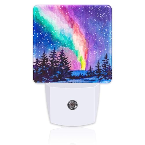 Image of Northern Lights Starry Night Night Light Plug into Wall, Winter Snowy Forest 0.5w Energy Saving Sleep Friendly Dusk to Dawn NightLights for Kids Boys Girls Home Decor