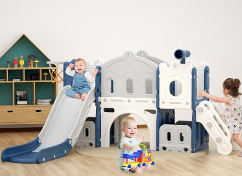 XJD 7 in 1 Toddler Slide Set, Kids Slide for Toddlers Age 1+, Toddler Climber Slide PlaySet with Basketball Hoop and Ball,Outdoor Indoor Playground for Toddlers 1-3 (Grey) (Blue)