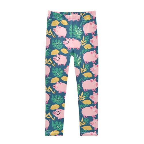 Pink Cartoon Pigs Girls' Leggings Toddler Doodles Colorful Green Leaves Kids Yoga Pants Dance Active Tights 4T