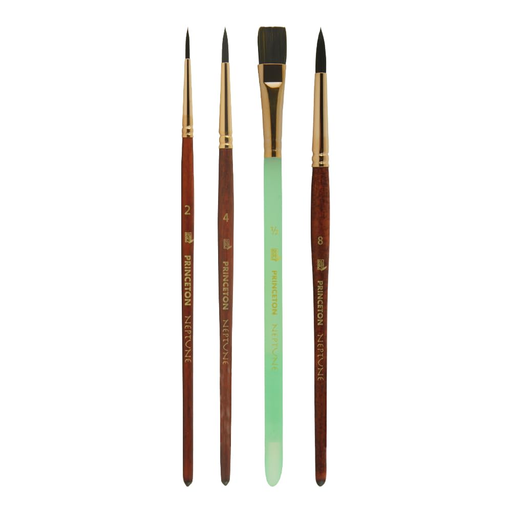 Princeton Neptune P4750HSET - Juego profesional de pinceles para acuarela, cerdas sintéticas, mango corto, madera oscura, paquete de 4, 1 unidad, P4750HSET