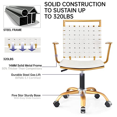Carocc Modern Leather Desk Chair White And Gold Office Chairs Mid Back Conference Chairs Swivel Adjustable Computer Chair With Arms And Wheels Comfortable Task Chair (White) #TOP3