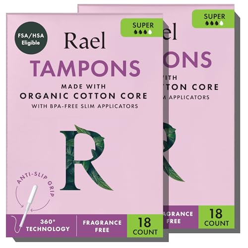 Image of Rael Slim Applicator Tampons with Organic Cotton Core (36 Ct, Super) | Period Tampons for Women, Super Absorbency, BPA-Free, Chlorine-Free, Leak Locker Technology, Unscented, Period Essentials