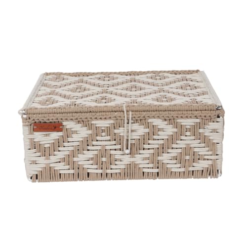 Image of Kaahira Handmade Decorative Storage Box and Organiser | Macrame Gift Hamper Box for Cosmetics, Toiletries & Return Gifts | Aesthetic Rope Woven Organizer (Beige and White, Large - 14x10x4)