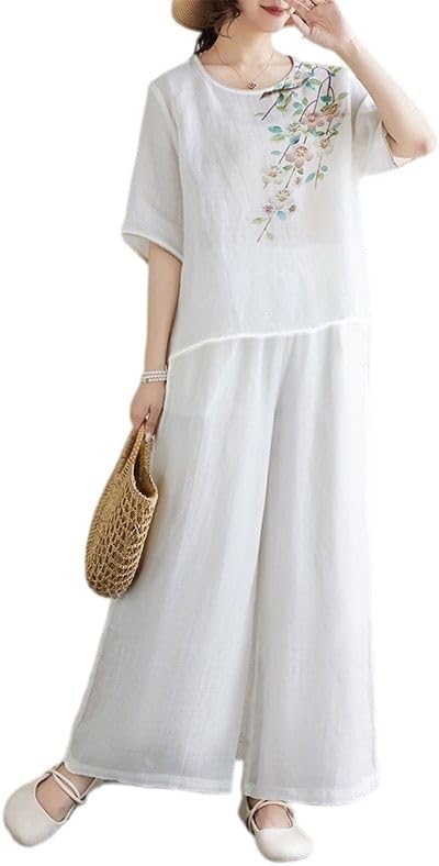 Women Printed Cotton Linen Two Piece Set Pullover Top Pants Casual Outfit