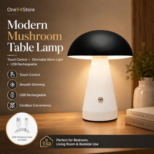 Image of One94Store Mushroom Table Lamp | Touch Control Dimmable Desk Lamp with Warm Light | USB Rechargeable Modern Bedside Lamp for Bedroom & Living Room