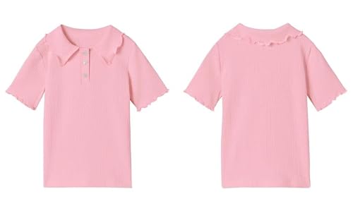 Sysea Girls Short Sleeve Tops Basic Peter Pan Collar Knit Button Down Shirts Pink #TOP4