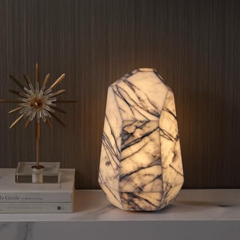Artsolute Handcrafted Real Marble Table Lamp, Stone Lamp with Tri-Color Dimmable LED, Bedside Lamp, Small Table Lamp for Home Decor, Accent Table Lamp for Bedroom Living Room, Multifacet Cover