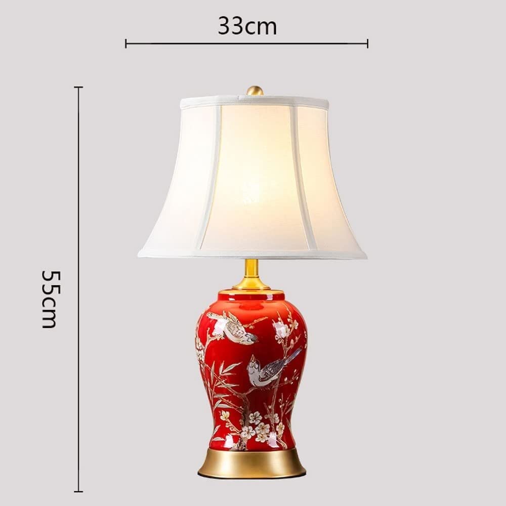 Lampa Stołowa Chińska Ceramiczna Lampa Stołowa Ręcznie Malowana Kwiat I Ptak Przeszklona Lampka Nocna Czerwona Do Sypialni Salon Do Domowego(Remote control switch)