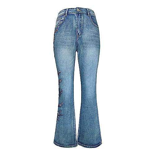 Women Retro Jeans High Waisted with Pocket Slim Fit Boot Cut Jeans for Women Flower Embroidered Jeans Trousers3