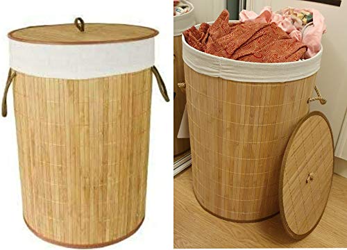 ADEPTNA Eco Friendly Round Bamboo wooden Folding Laundry Basket with Lid and Cloth Liner - Perfect for the Home Bathroom Camping or Caravanning