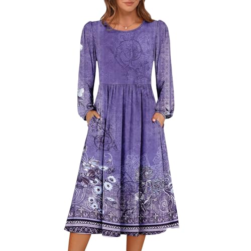 Herbstkleid Damen Boho Blumen Kleid Rundhals Langarm Tunika Midikleid A Linie Herbstkleid Knielang Festliche Kleider Herbst Freizeitkleid Elegant mit...