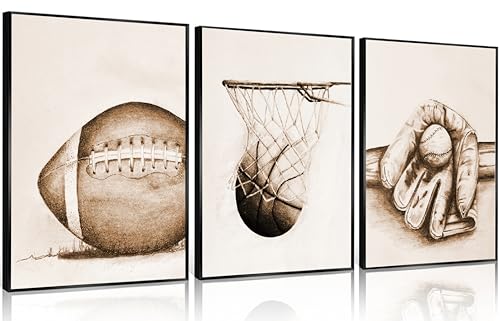 3Pcs Sports Wall Art Football Baseball Basketball Theme Painting Picture Wall Decor Vintage Sport Poster Print Artwork for Boy Room Playroom Bedroom Gameroom Home Decoration【UNFRAMED】