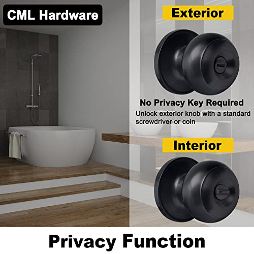 Cml Hardware Privacy Door Knob, Matte Black Keyless Door Lock In Solid Stainless Steel For Bedroom Or Bathroom, Standard Round Ball Handle #TOP2