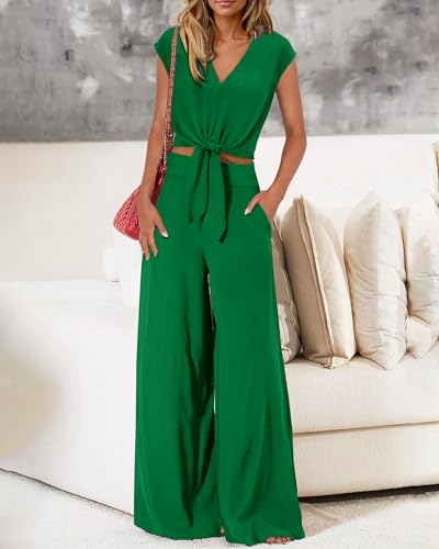 Image of PRETTYGARDEN Women's Summer 2 Piece Outfits 2026 Cap Sleeve V Neck Belted Crop Tops Wide Leg Pant Sets Casual Tracksuit