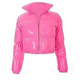 GOKOMO Damen Lackleder Kurz Daunenjacke Verein Steppjacke Stilvoll Warm Cool Damen Reißverschluss Jacke Winter Party Verein Mantel(XL,Rosa)