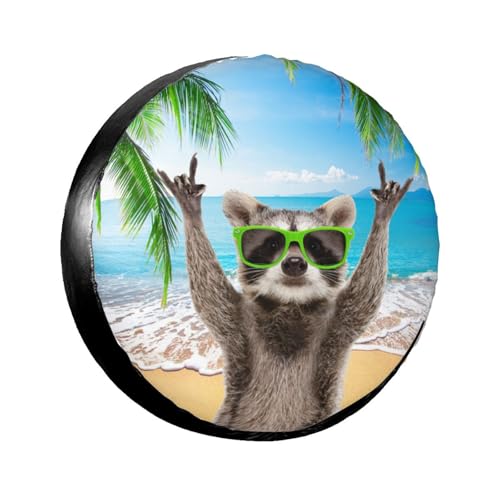 Image of Beach Raccoon Spare Tire Cover for Rv Trailer Camper Truck SUV - Cute Raccoon Animal Wheel Protectors Cover Waterproof Fabric for Travel Camping Outdoor,Universal Fit,17 inch