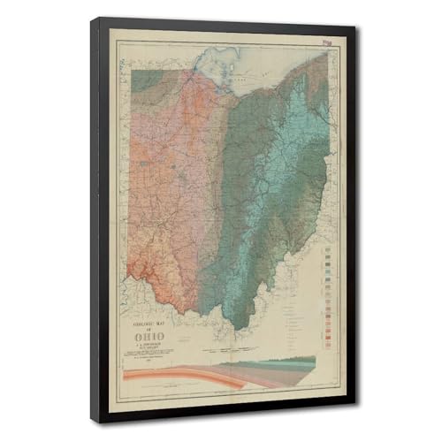 Carte Géologique Ohio 1872 Vintage - Impression sur Toile avec Cadre Suspendu 20x30 cm