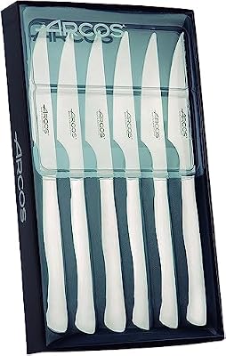 Arcos Juego 6 Cuchillos carne 4,s. Paquete Cuchillos bolsillo con borliso para cortar y filetear carne. Hoja y mango Acero Inoxidable monobloque. Serie Mesa.
