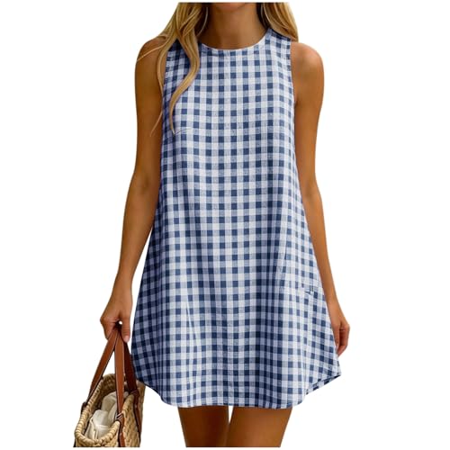 Gingham Linen Shift Dress for Women, Checkered A Line Mini Sundress