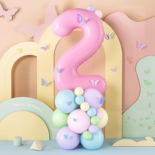 Pink 2 Balloon 2nd Birthday Decorations for Girls, 40 Inch Pink Number 2 Foil Balloon with Butterfly stickers Pastel Balloons for Girls 2 Year Birthday Party Decoration Baby Shower