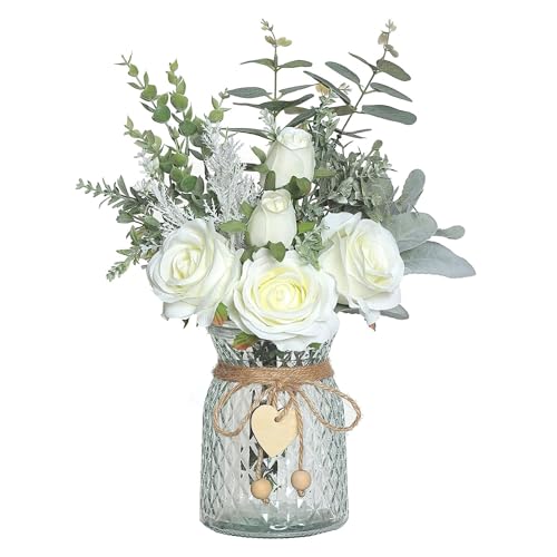 Flores Artificiales con Florero de Seda, Juego de Botellas de Cristal con Flores Artificiales Y Jarrón de Cristal, Adecuado para Sala de Estar, Mesa de Comedor, Oficina, Boda, Hotel,(Blanco)
