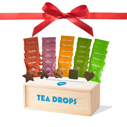 Tea Drops Holiday Sampler Box 25 Count | Organic Dissolvable Loose Leaf Tea | Iced or Hot | Microplastic-Free | Naturally Sweetened Organic Chai, Rose Earl Grey, Citrus Ginger, Peppermint, Matcha | 25 Servings - 5 Per Flavor