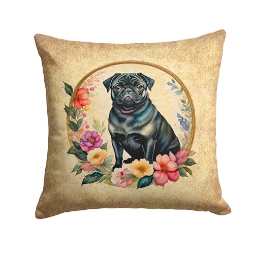 Caroline's Treasures DAC2189PW1818 Black Pug and Flowers Fabric Decorative Pillow Machine Washable, Indoor Outdoor Decorative Pillow for Couch, Bed or Patio, 18Hx18W