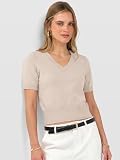 ANRABESS Womens Short Sleeve Sweaters Cropped V Neck, Almond, M