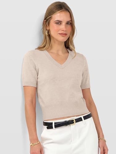 ANRABESS Womens Short Sleeve Sweaters Cropped V Neck, Almond, M