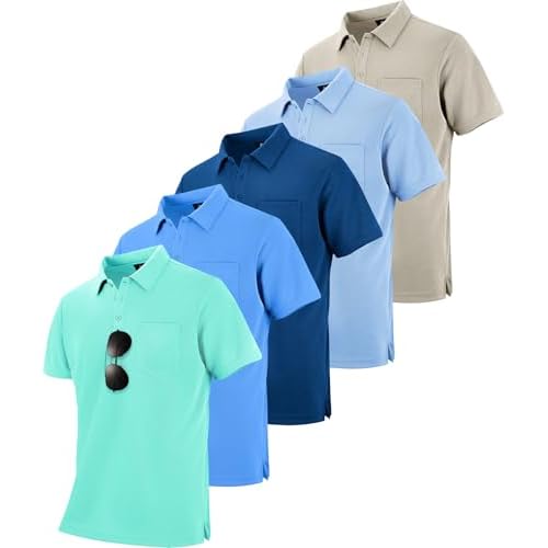 ZITY 5 Pack Polo Shirts for Men with Pocket Dry Quickly Short Sleeve Athletic Outdoor Work Collared Shirts Apricot+light Blue+royal Blue+light Royal Blue+emerald Blue Medium