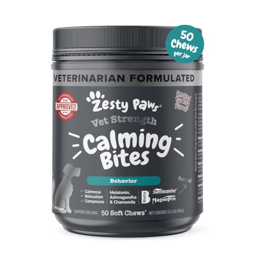 Omega Zesty Paws Calming Chews for Dogs - Composure & Relaxation for Everyday Stress & Separation - for Fireworks, Storms & Travel – VS - Smoked Turkey - 50 Count