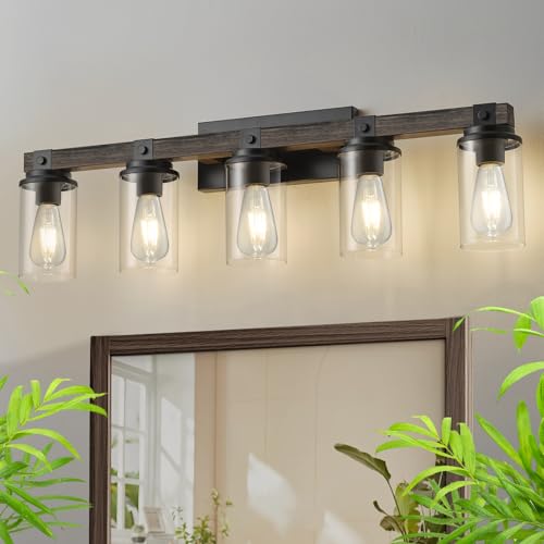 Farmhouse Bathroom Vanity Lighting,5 Light Vanity Light Bathroom Lighting Lixtures Over Mirror Wooden with Clear Glass for Hallway Kitchen Sink